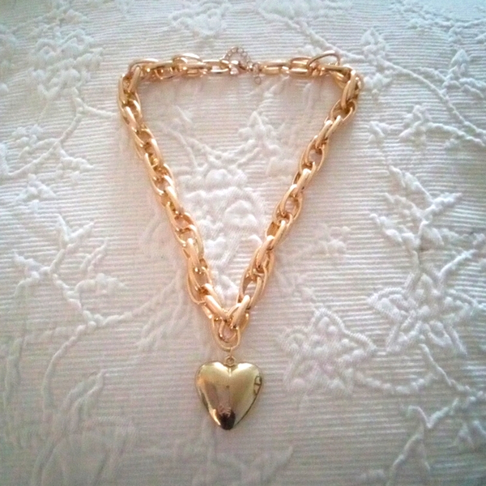 Goldtone Floating Heart on Large Double Rolo Chain Statement Necklace